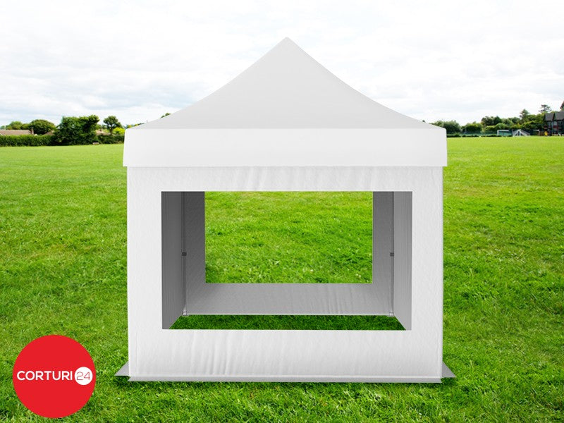 3x3 m Folding Pavilion Professional Aluminum 50 mm, with 2 panoramic windows, PVC 620 gr /m2, white, fireproof