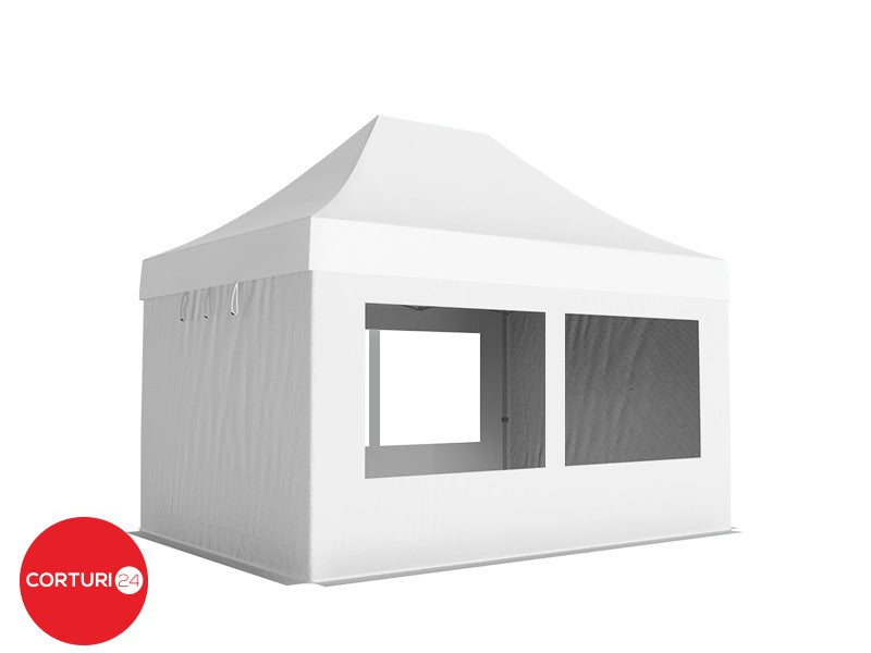 3x4.5 m Folding Pavilion Professional Aluminum 50 mm, with 4 panoramic windows, PVC 620 gr /m2, white, fireproof